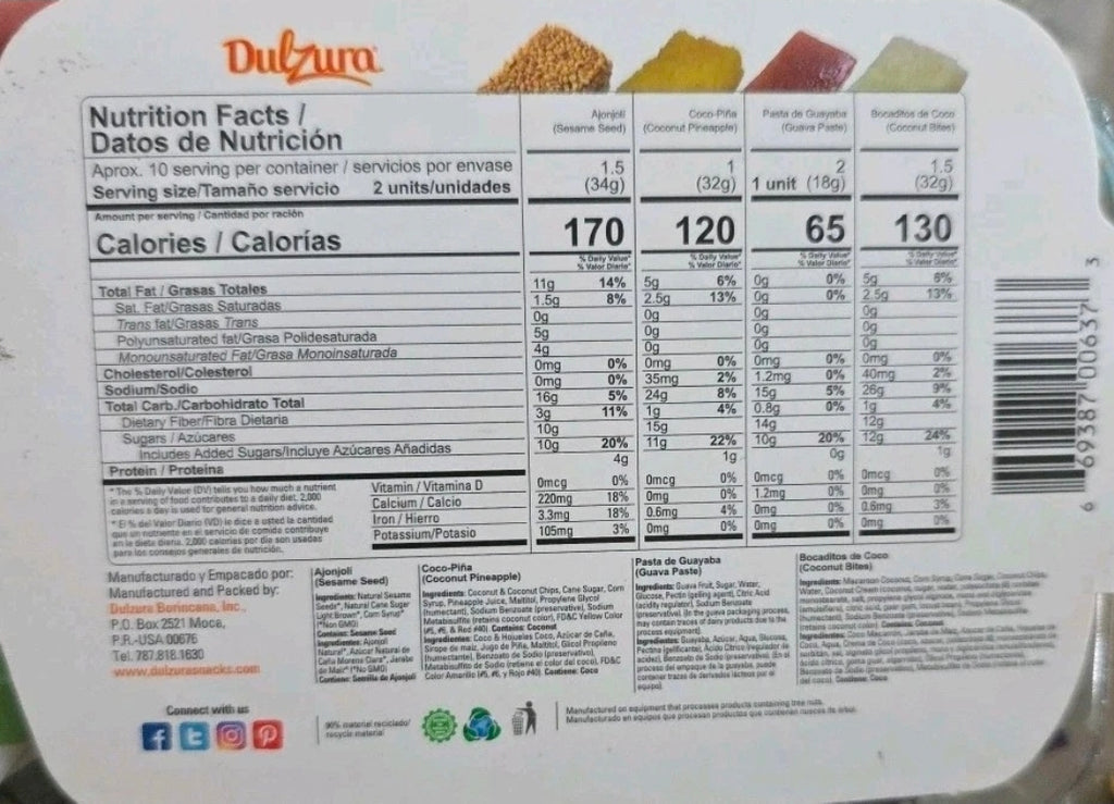 DULZURA PUERTO RICAN VARIETY CANDIES Flax Seed  Coconut Pineapple sesame Seed 21 oz. Family Pack