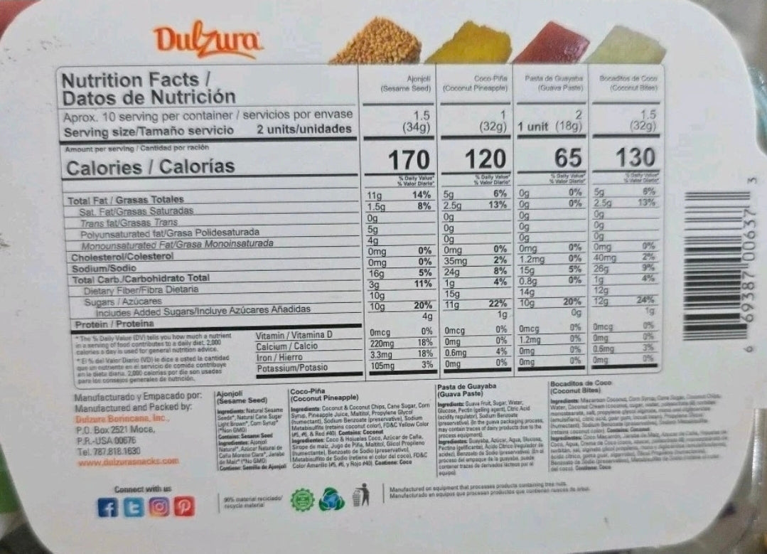 DULZURA PUERTO RICAN VARIETY CANDIES Flax Seed  Coconut Pineapple sesame Seed 21 oz. Family Pack