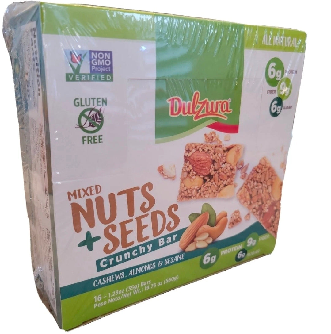 Dulzura All Natural Mixed Nuts + Seeds Crunchy Bars PK-16 GLUTEN FREE NON GMO