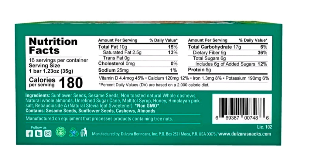 Dulzura All Natural Mixed Nuts + Seeds Crunchy Bars PK-16 GLUTEN FREE NON GMO