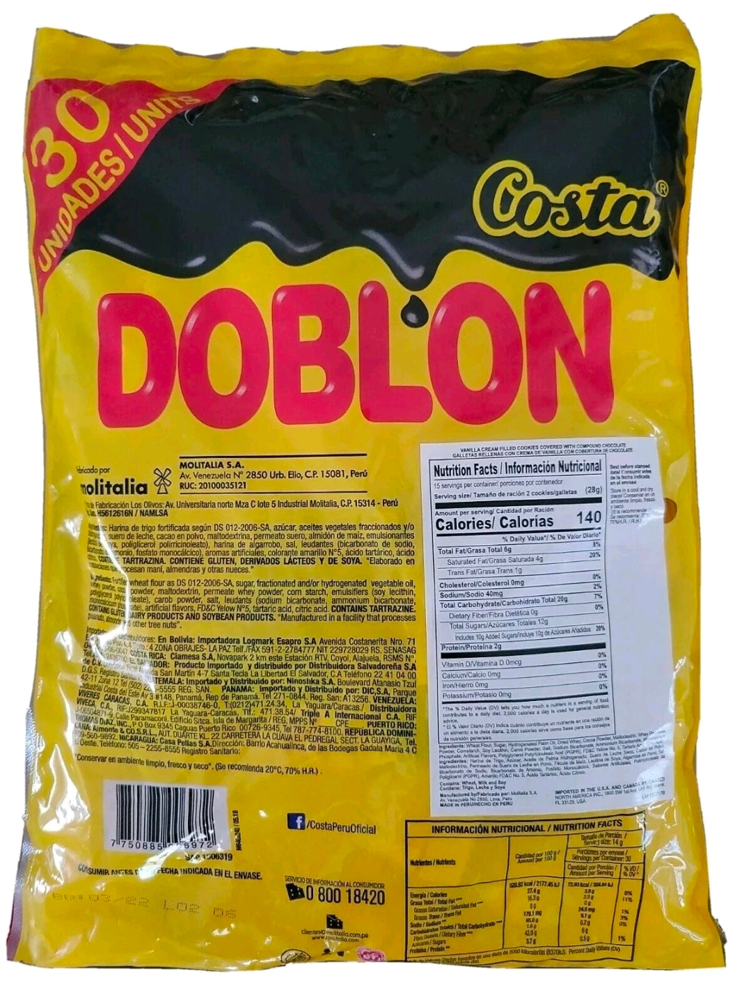 Costa Doblon Chocolate Coated Biscuit with Vanilla Cream (1 Pack of 30 Pieces)