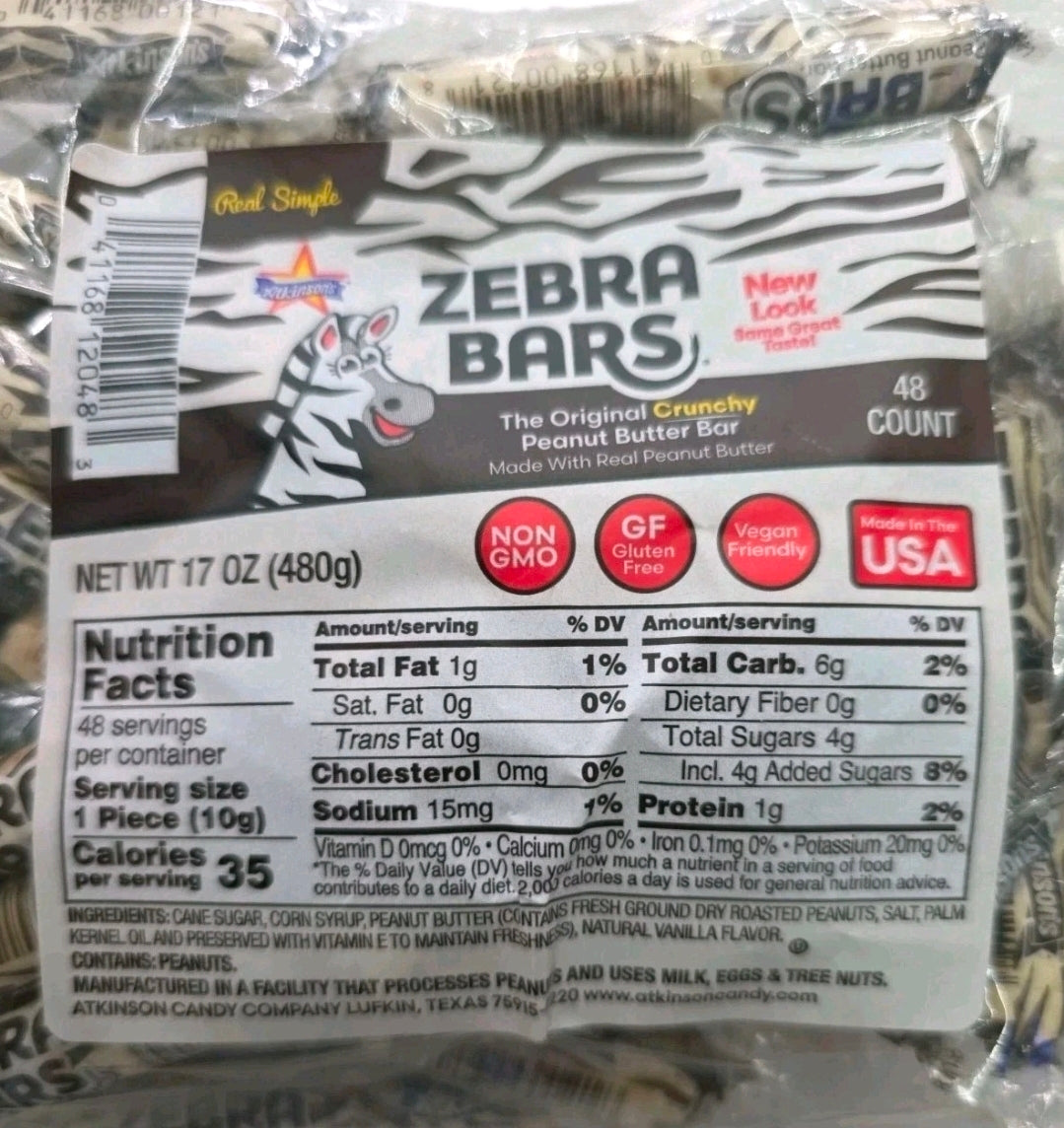 Atkinson's Original Crunchy Real Peanut Butter Zebra Bars 48 Bars Vegan