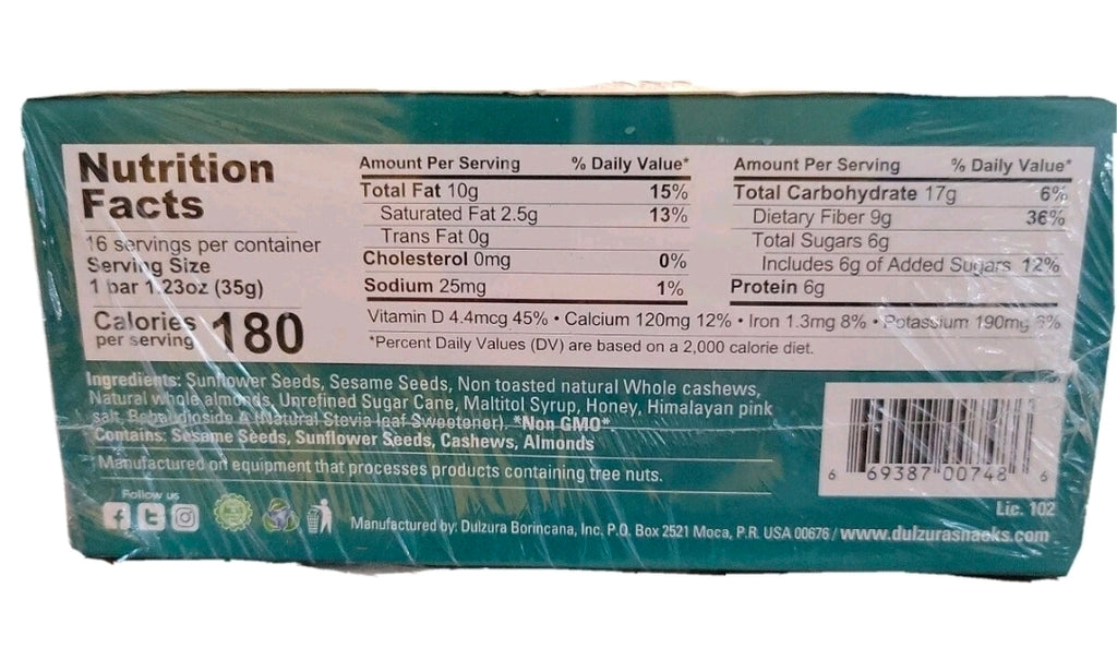 Dulzura All Natural Mixed Nuts + Seeds Crunchy Bars PK-16 GLUTEN FREE NON GMO