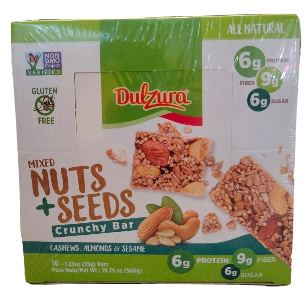 Dulzura All Natural Mixed Nuts + Seeds Crunchy Bars PK-16 GLUTEN FREE NON GMO