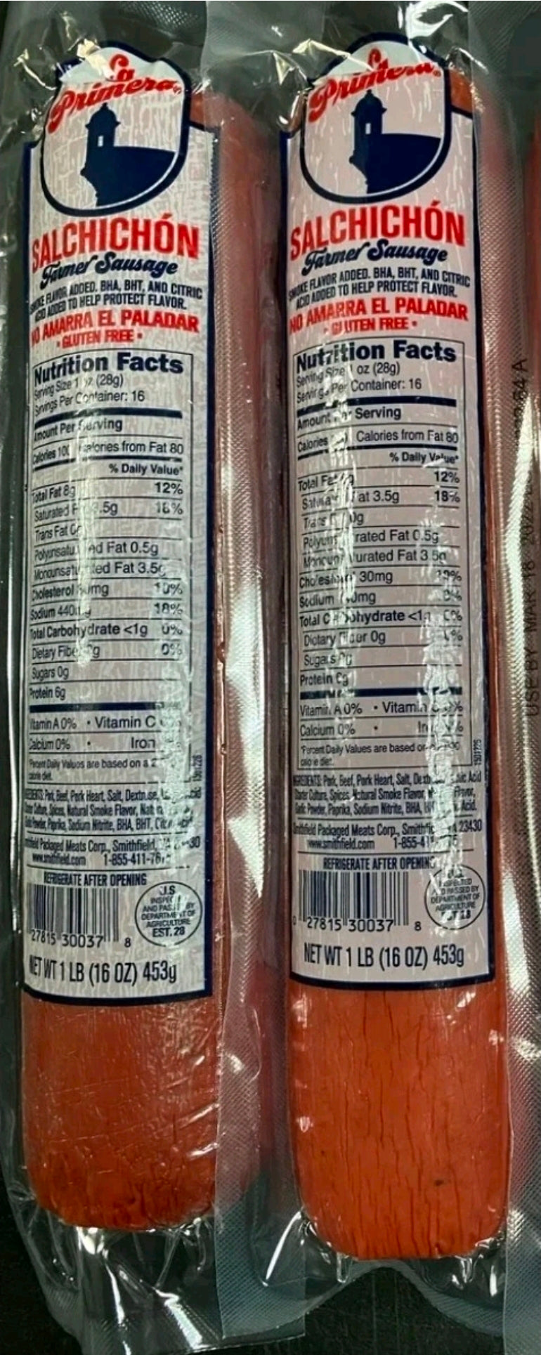2 Pks SALCHICHON LA PRIMERA  1LB Each One Gluten Free Farmer Sausage