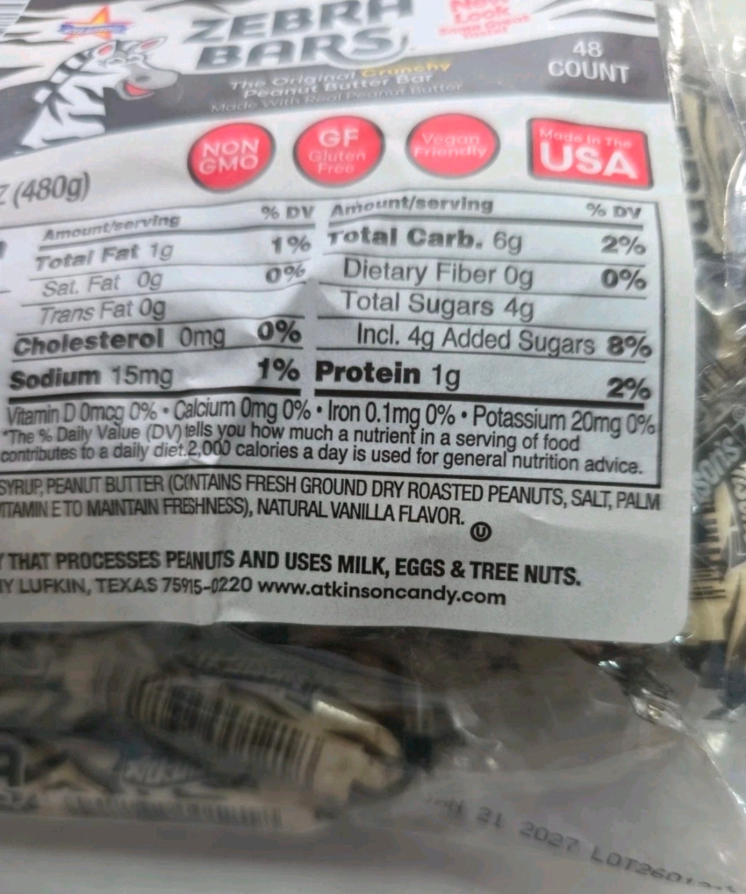 Atkinson's Original Crunchy Real Peanut Butter Zebra Bars 48 Bars Vegan