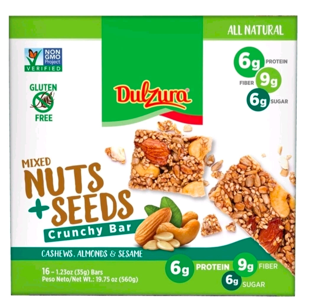 Dulzura All Natural Mixed Nuts + Seeds Crunchy Bars PK-16 GLUTEN FREE NON GMO